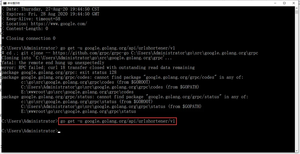 参考：https://www.shuijingwanwq.com/2019/12/28/3784/ 。在终端调用以下命令来安装 API：go get -u google.golang.org/api/urlshortener/v1。