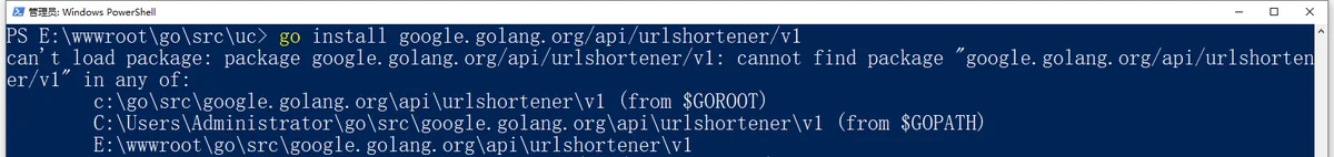 在终端调用以下命令来安装 API：go install google.golang.org/api/urlshortener/v1，报错：can't load package: package google.golang.org/api/urlshortener/v1。