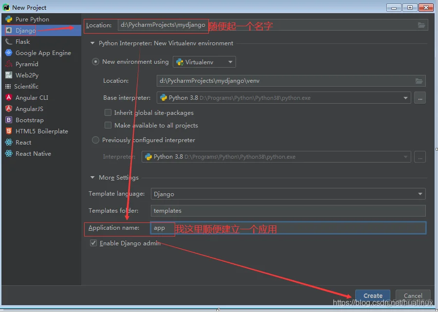 hualinux dj3 1.1：使用PyCharm创建django项目我这里使用的是pycharm直接安装django，省事，操作如下：_创建django项目_02