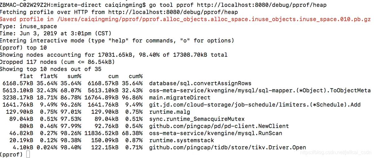 pprof heap的top 10内容