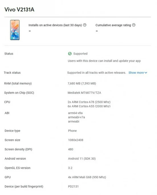 vivo V2130A/V2131A 新机亮相 Google Play 搭载天玑 900截图