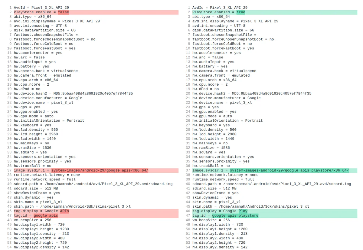 屏幕截图：AVD 设备 config.ini 差异