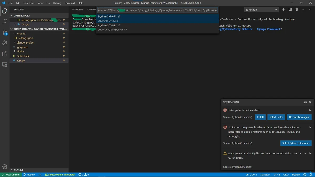 Image of running WSL in VS Code with error messages